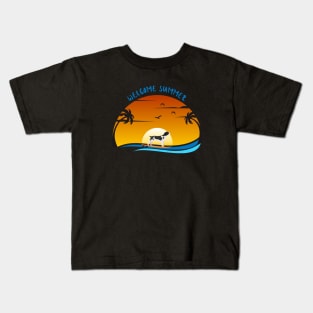 Welcome Summer with Britanny Spaniel Dog on Surf and Summer Landscape with Palm, Sunset Sky and Sea Kids T-Shirt